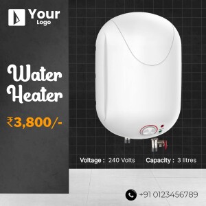 White water heater with price and specifications on a dark background