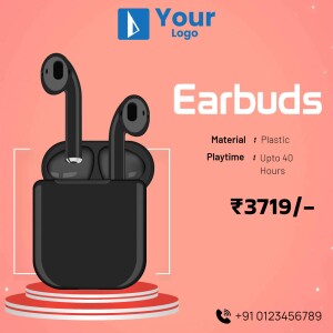 Image of black wireless earbuds in their charging case with price and details.