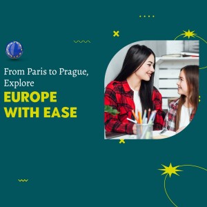 Mother and daughter planning a trip to Europe, with a globe and travel text.