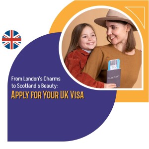 Mother and daughter holding passports with UK and Scotland flags, promoting UK visa application.