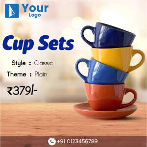 Stack of colorful ceramic cup sets on a wooden surface