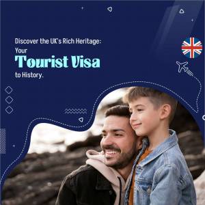 Father and son looking at the horizon with UK flag and travel icons, promoting UK tourist visas.