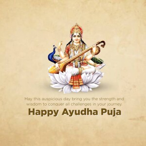 Image of Goddess Saraswati on a lotus flower with Ayudha Puja wishes