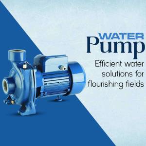 Blue centrifugal water pump on a blue and white background