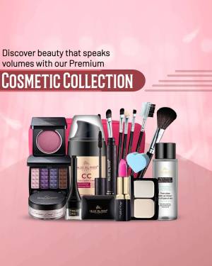 Assortment of premium cosmetic products including makeup brushes, lipstick, foundation, eyeshadow palette, and skincare items.