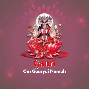 Image of Goddess Gauri with three faces and multiple arms, seated on a lotus flower.