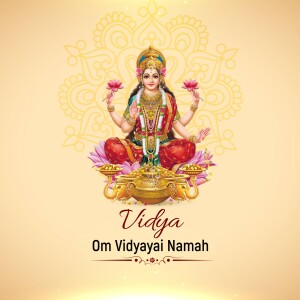 Image of Goddess Lakshmi seated on a lotus flower with the text 'Vidya Om Vidyayai Namah'
