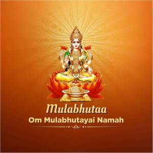 Image of Goddess Lakshmi seated on a lotus flower with the text 'Mulabhutaa Om Mulabhutayai Namah'