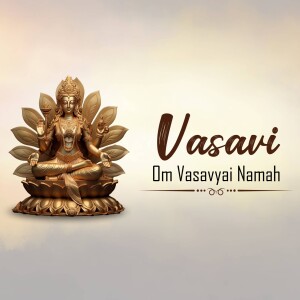 Golden statue of Goddess Vasavi in lotus position with text 'Vasavi Om Vasavyai Namah'