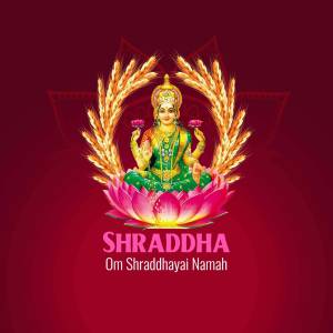 Image of Goddess Lakshmi seated on a lotus flower with wheat stalks and the text 'Shraddha Om Shraddhayai Namah'