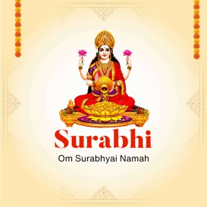 Image of Goddess Lakshmi seated on a lotus with the text 'Surabhi Namah'