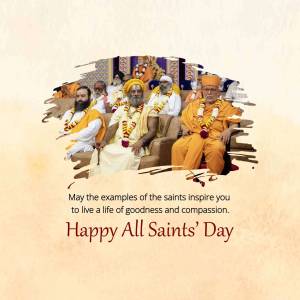 Group of spiritual leaders in orange robes with a message about goodness and compassion.