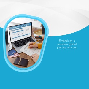 Laptop displaying a visa application form with a person filling out paperwork.