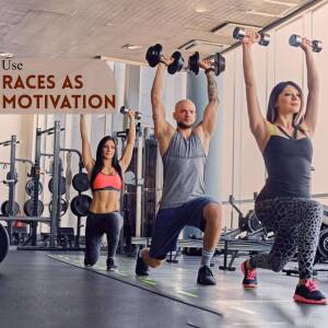 Three people performing lunges with dumbbells in a gym.