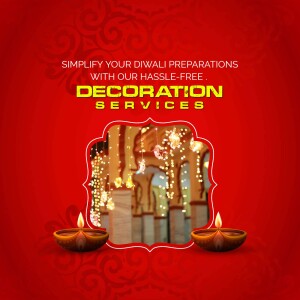 Diwali decoration services advertisement with lights and diyas.