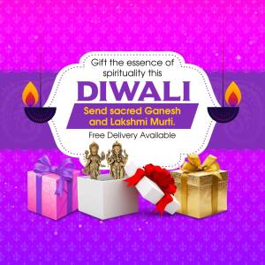 Diwali gift advertisement featuring Ganesh and Lakshmi idols with gift boxes.