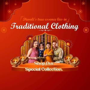Family in traditional Indian clothing celebrating Diwali with a shop our collection message.
