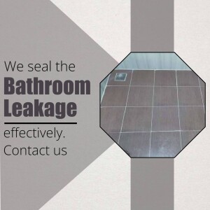 Image showcasing bathroom leakage sealing service with text overlay.