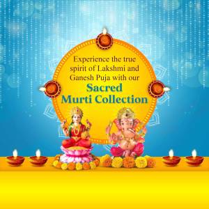 Image of Lakshmi and Ganesh deities with Diwali lamps and a promotional message for a Murti Collection.