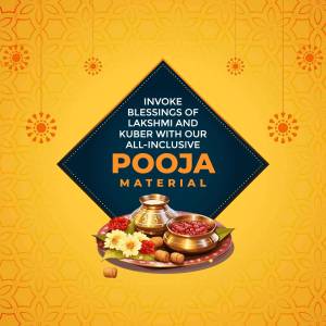 Image of a dark blue diamond-shaped graphic with text 'Invoke Blessings of Lakshmi and Kuber with our All-Inclusive Pooja Material' and a depiction of a traditional pooja thali.