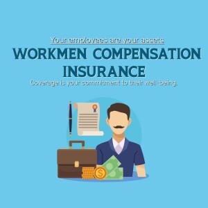 Illustration depicting workmen compensation insurance with a businessman and related imagery.