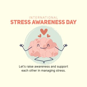 Illustration of a brain meditating with hearts floating around it, promoting International Stress Awareness Day.