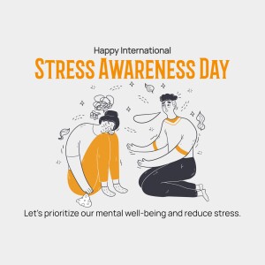 Illustration depicting a person comforting another, promoting mental well-being on International Stress Awareness Day.