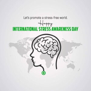 Illustration for International Stress Awareness Day featuring a head silhouette with a brain inside and a world map background.
