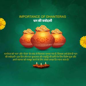 Dhanteras celebration with pots of coins and marigolds