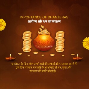 Dhanteras celebration with gold coins and traditional pot