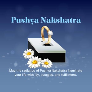 Image depicting a golden ring with a diamond on a pedestal with daisies, with the text 'Pushya Nakshatra'