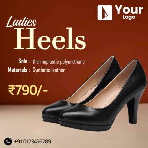 Black ladies heels with price and material details