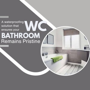 Advertisement for a waterproofing solution for bathrooms, featuring a pristine bathroom interior.