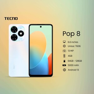 Tecno Pop 8 smartphone with white color back and display showing specifications