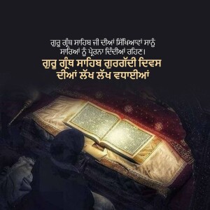 A person in prayer with a Guru Granth Sahib open before them.