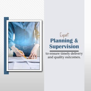 Image of a person reviewing blueprints with the text 'Expert Planning & Supervision'