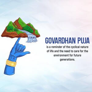 Illustration depicting Govardhan Puja with a hand holding a hill and waterfall.