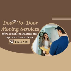 Image depicting a moving service with a mover handing a package to a smiling woman at her door.
