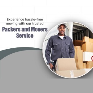 Man carrying a box with moving truck in background, advertising Packers and Movers service