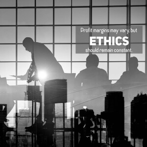 Silhouette of business people with text 'Ethics should remain constant'