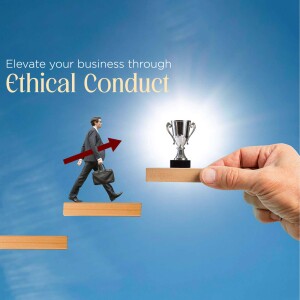 Image depicting a businessman climbing stairs towards a trophy, symbolizing success through ethical conduct.