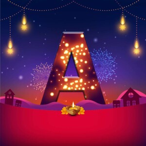 Letter A illuminated with Diwali lights and decorations