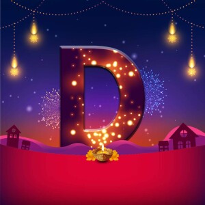 A glowing letter 'D' with Diwali decorations