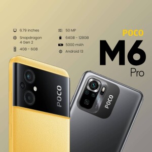 POCO M6 Pro smartphone in gold and black colors with specifications