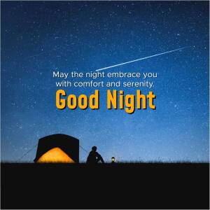 Silhouette of a person sitting near a tent with a starry night sky and the text 'Good Night'