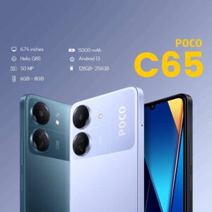 Poco C65 smartphone with key specifications highlighted