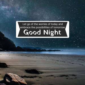 Night scene with a beach, stars, and a 'Good Night' message.