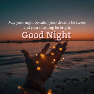 Hand holding glowing lights over the ocean with a 'Good Night' message