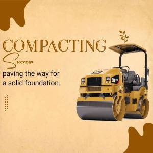 Yellow Caterpillar compactor machine on a brown background with text 'Compacting Success'