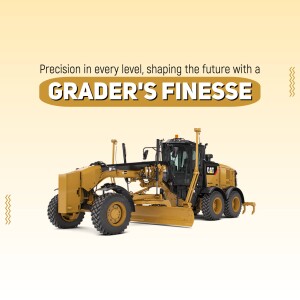 Yellow Caterpillar Grader on a light yellow background with text overlay